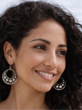 Sterling Silver 925 ornate hoop, dangle earrings with pouch / NWOT Never worn